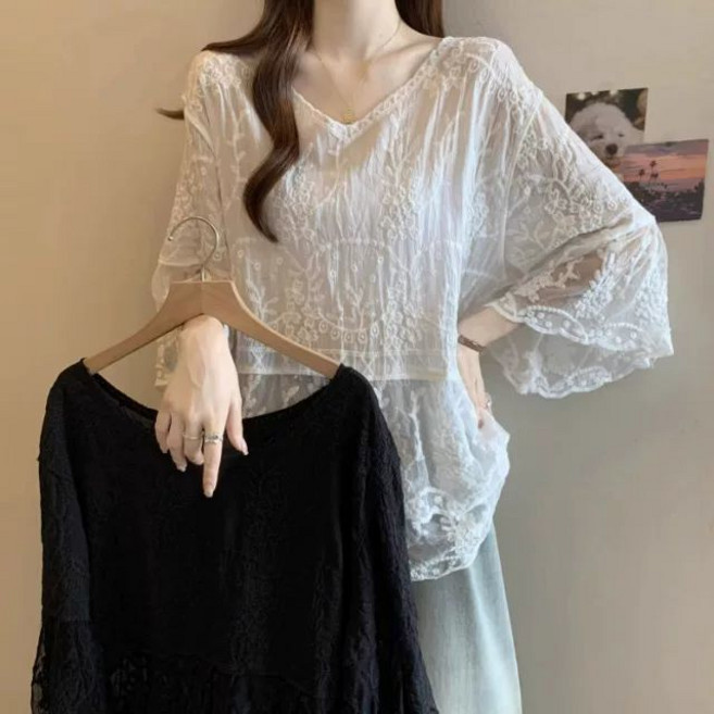 여성 7부소매 브이넥 레이스 블라우스 루즈핏 자외선 차단 긴팔 티