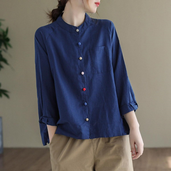 Makone 여성 헨리넥 린넨 캐주얼 코디네이터 라글란 소매 루즈핏 심플 긴소매 블라우스 솔리드