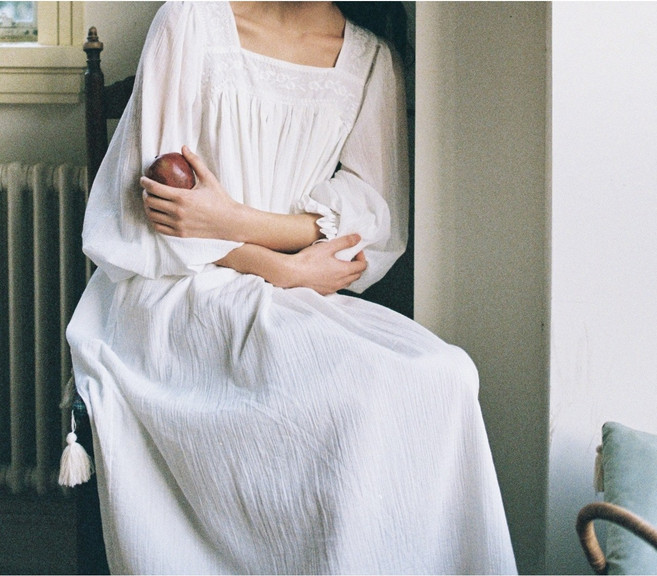 순면 레이스 긴팔 롱 원피스 잠옷 홈드레스 편안한 여성 홈웨어 공주