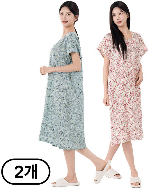 시크나인 아사면 반팔 원피스 잠옷 플라워 여름 홈웨어 빅사이즈