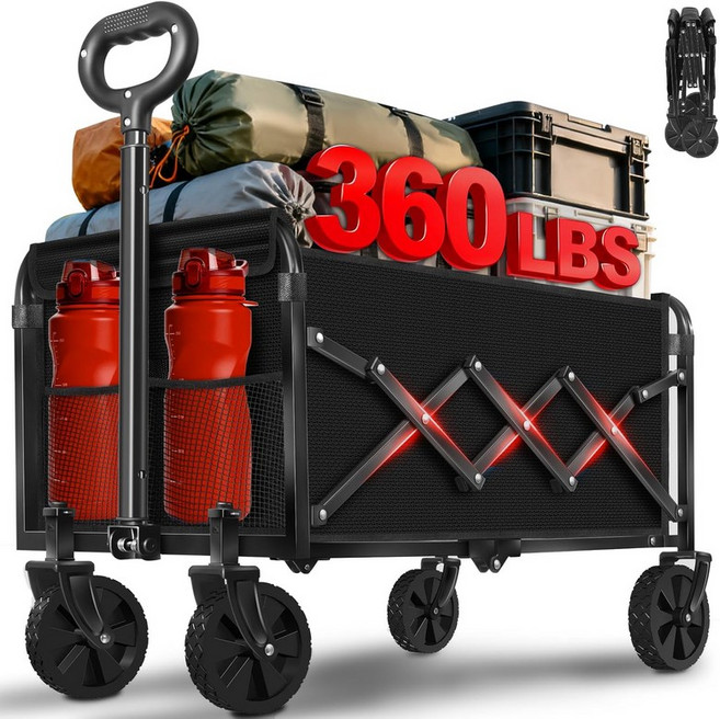 마차 카트 접이식 360파운드 바퀴가 달린 유연한 손잡이 캠핑 비치 피키닉 식료품 야외 스포츠 쇼핑을 위한 가벼운 휴대용 카트블랙, Ink Black