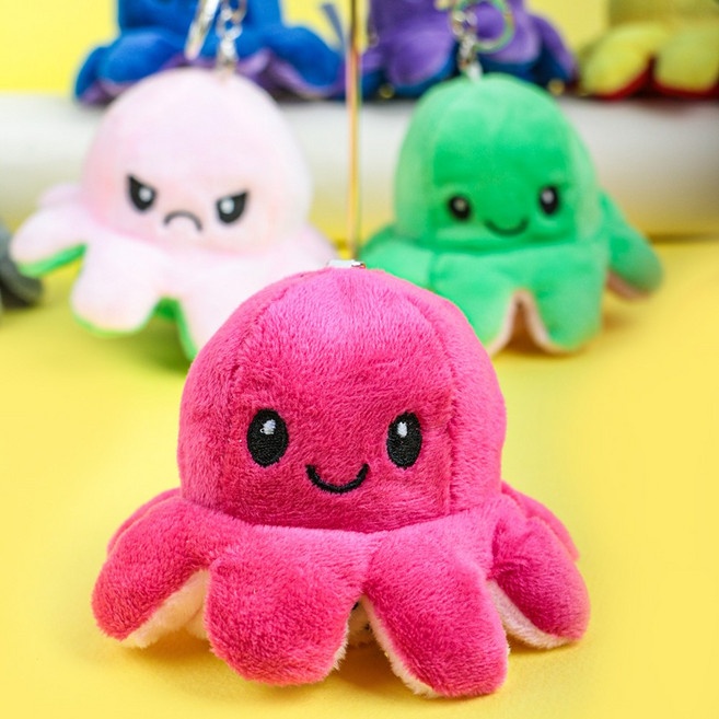 양면 변신 반전 문어 인형 3type [귀여운 애착 동물 부드러운 키링 가방 기분 감정 표정 소품 열쇠고리], 문어인형키링 고급형 (오렌지-진핑크), 문어인형키링 고급형 (오렌지-진핑크), 1개