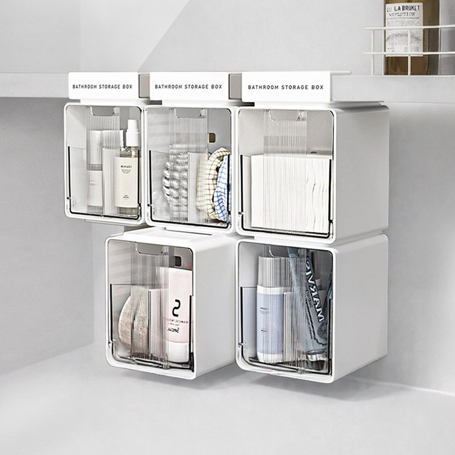 구디푸디 클립앤픽 무타공 큐브 면봉 화장솜 헤어핀 멀티 수납함, 걸이형