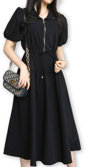 메리앤유 하트지퍼 반오픈집업 셔링플레어 스판반팔원피스