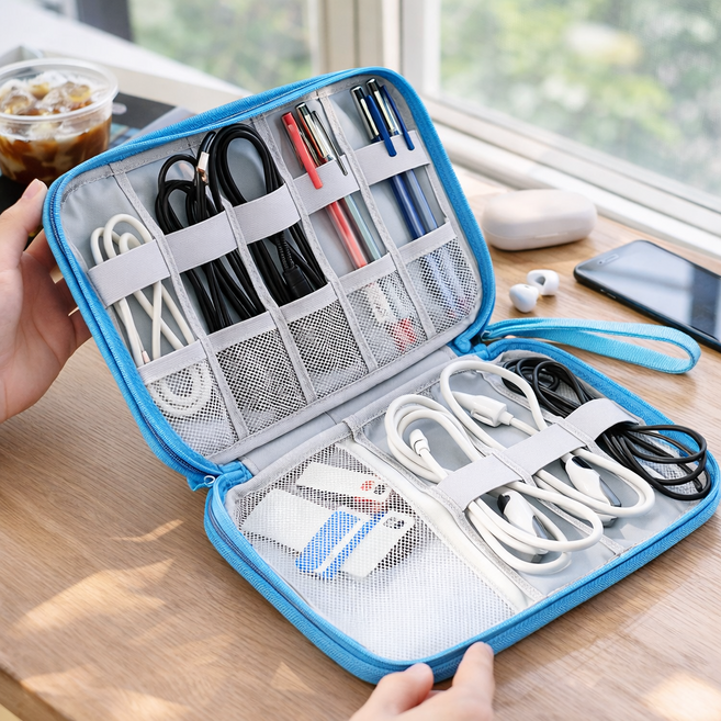슬림 나인 포켓 케이블 선정리 디지털 파우치, 1개, 스카이