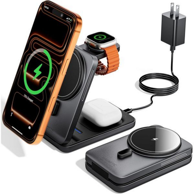Magsafe 충전 스테이션 3 in 1 접이식 여행용 충전기 스탠드 여러 장치용 무선 마그네틱 도크 iPhone 17 16 15 14 13 12 시리즈Apple Watch에어, Grey