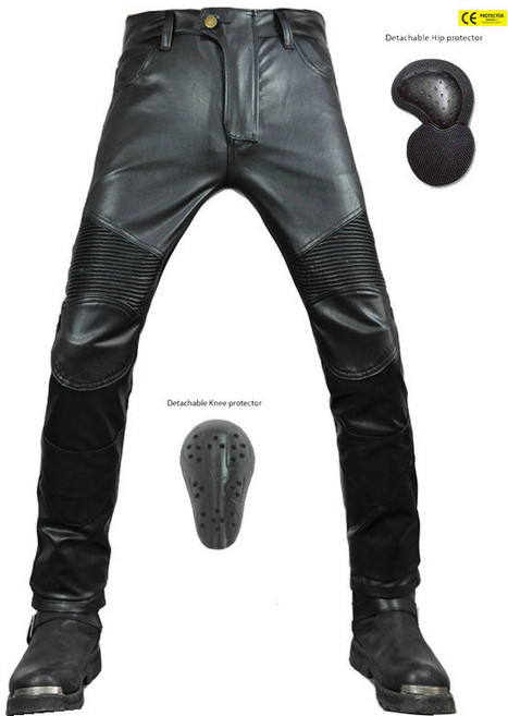 남성용 모터사이클 라이딩 팬츠 방수 방풍 스트레치 바이크 팬츠 안티드롭 보호대 포함 사계절 착용 가능 레이싱 스타일 가죽 팬츠, 블랙 업그레이드 보호 장비