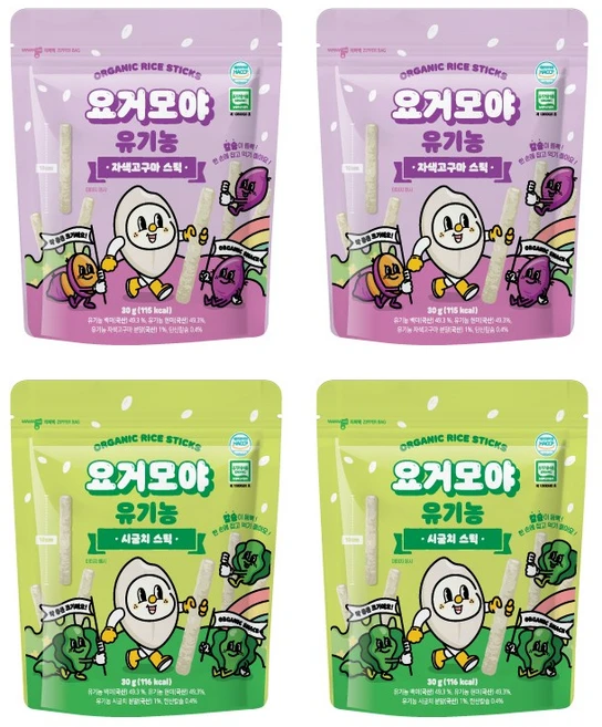 요거모야 유아용 유기농 쌀스틱 2종, 2세트, 120g, 자색고구마, 시금치 - 쿠팡