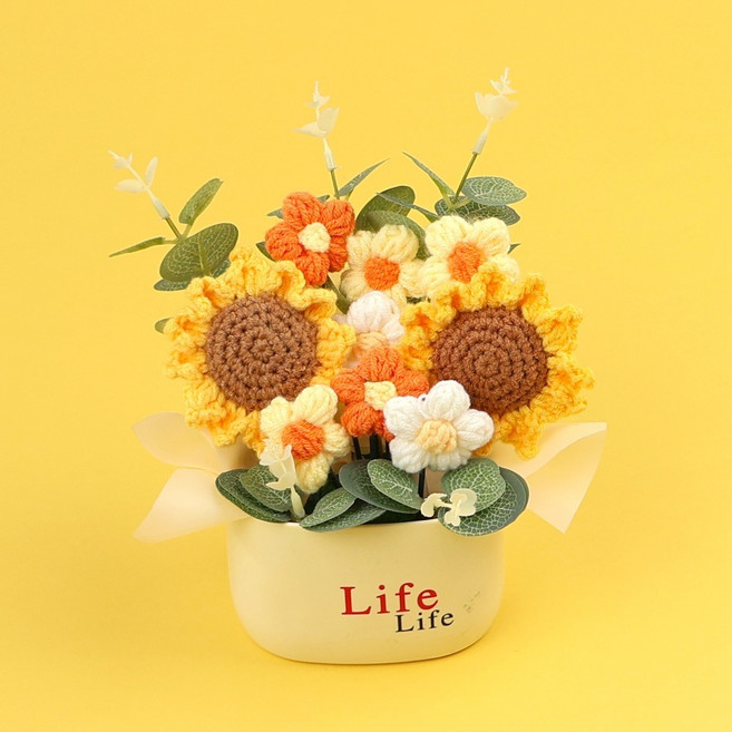向日葵針織花束盆栽, 欣欣向榮 2朵向日葵花筒 life盆, 1個