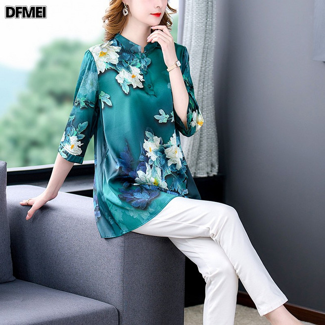DFMEI 洋氣媽媽真絲上衣女春夏時尚印花氣質立領寬鬆桑蠶絲襯衫