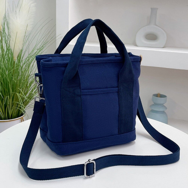 日系清新 帆布 便攜收納大容量 送禮推薦, 手提+斜背-藍色