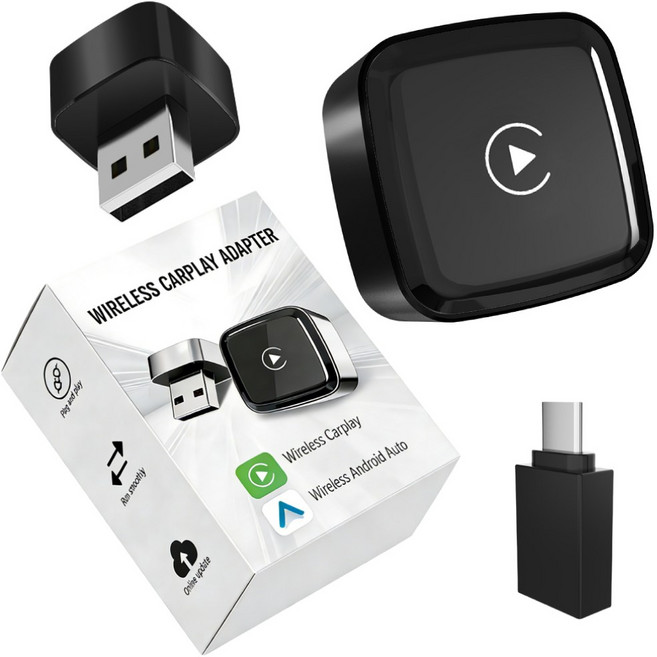 콜콜러브 무선 카플레이 안드로이드 오토 투인원 미니 스마트 자동차 어댑터 애플 iOS 10+ Android 11+ 호환, 블랙, CA-29