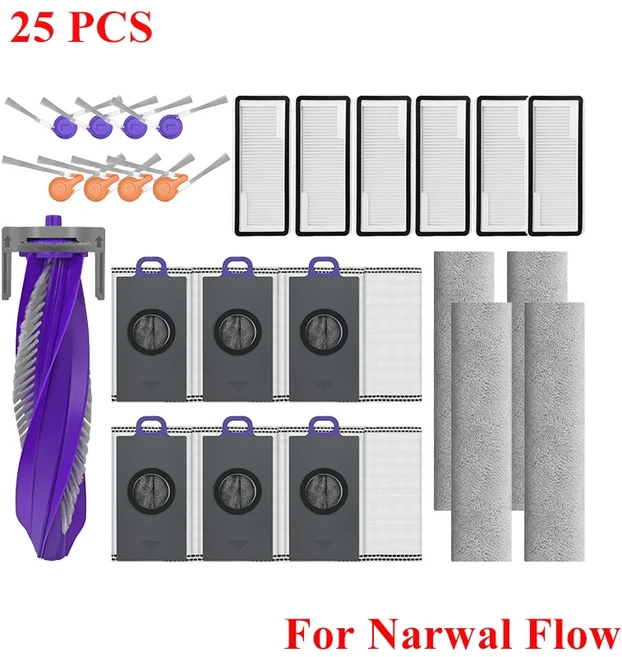 Narwal Flow 진공 액세서리 교체 메인 롤러 사이드 브러시 Hepa 필터 천 패드 먼지 봉투 예비 부품, 04 25PCS