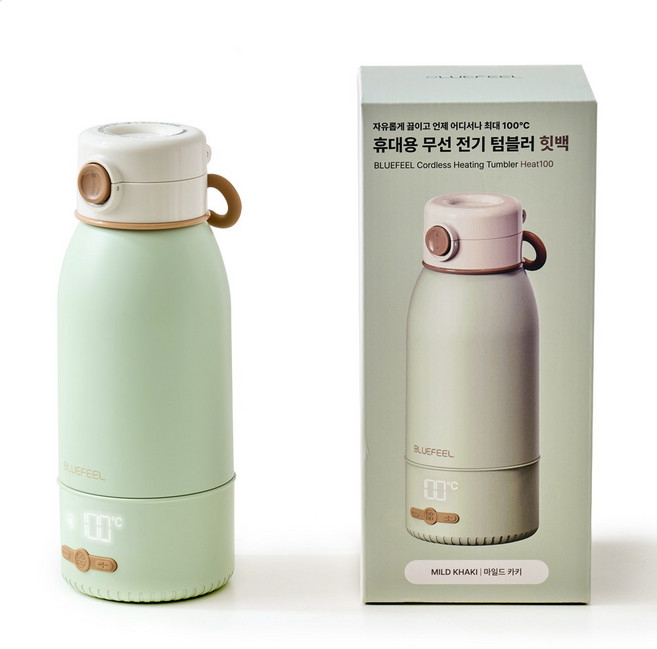 블루필 무선 가열텀블러 휴대용 분유 전기포트 힛백 500ml, 마일드 카키