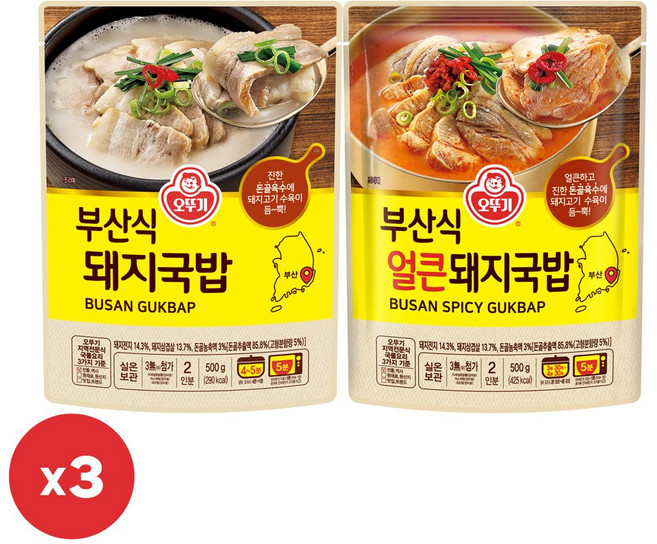 오뚜기 부산식 돼지국밥 500g 3개+얼큰돼지국밥 500g 3개, 3kg, 1세트