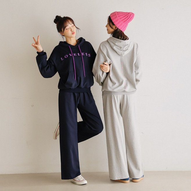 SET하이 쭈리 배색레터링 후드 트레이닝세트