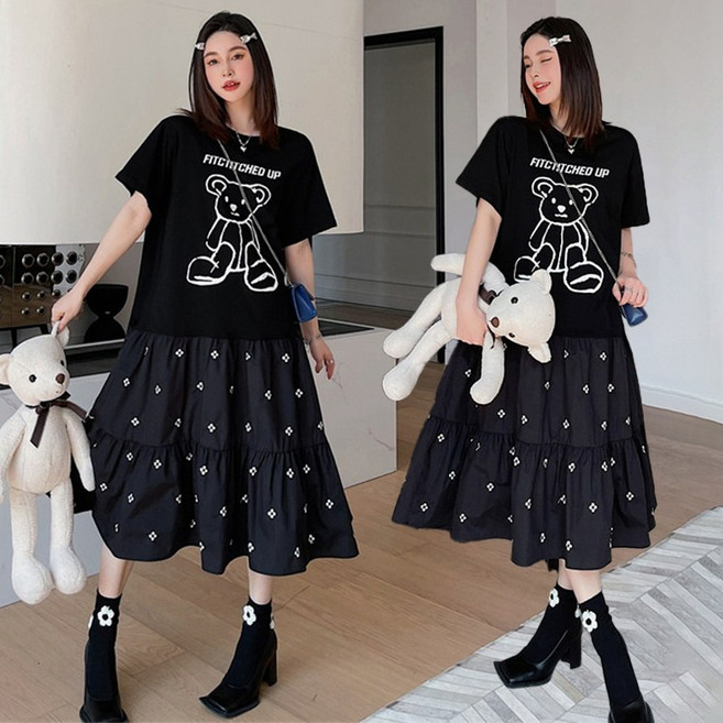Asure 빅사이즈 여성 여름 반팔 원피스 프린트 곰돌이 루즈핏 원피스