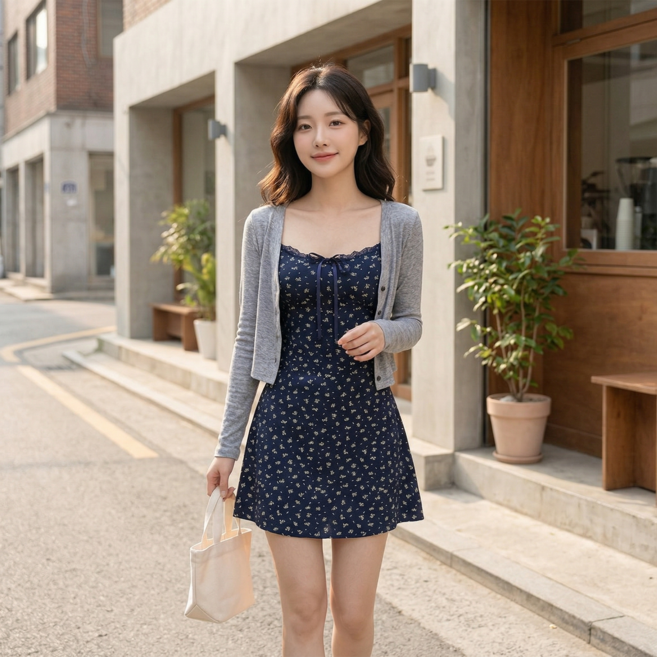 ANYOU 잔꽃 나시 원피스 + 니트 얇은 가디건 여름 세트 여성 데이트룩