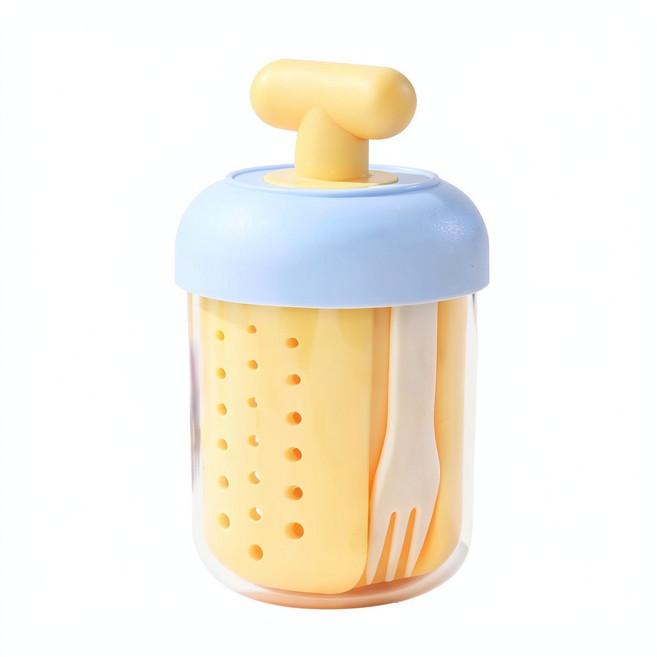 JWJJ 便攜隔夜燕麥杯, 藍蓋黃提手500ml水果杯, 1個, 500ml