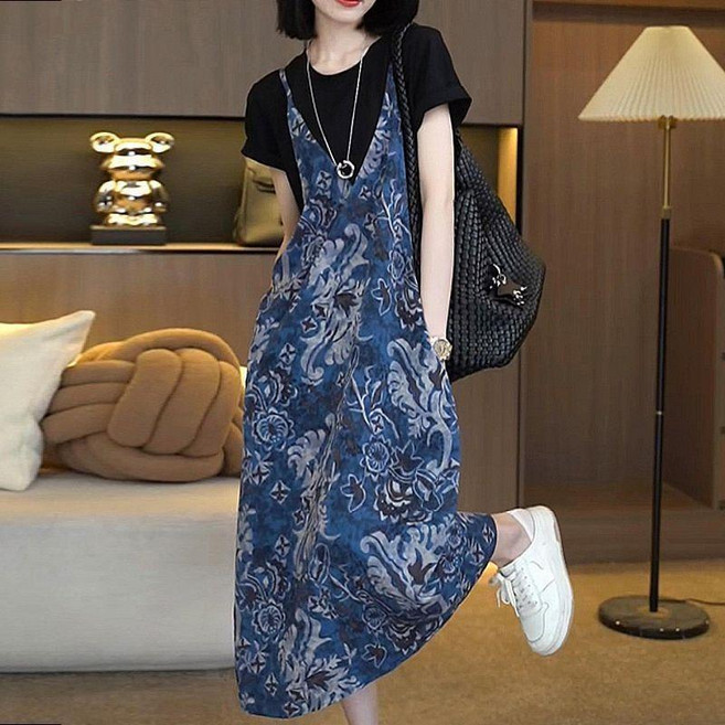 袋小香風吊帶連衣裙, 藍色 有口袋 620,2XL 建議70.0-80.0公斤, 藍色