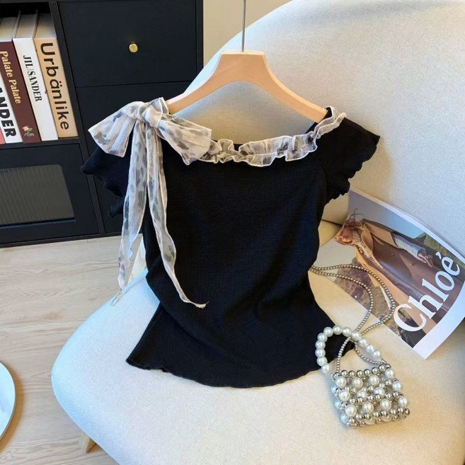 해피유통 여성 여름 플라워 프릴 패치 크로스 리본 반팔 상의 jhXG12