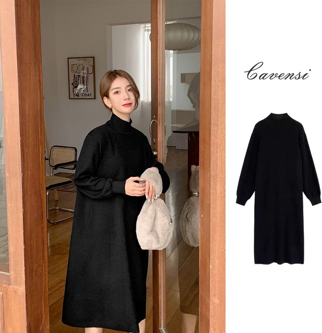 Cavensi 針織長洋裝 半高領寬鬆顯瘦 慵懶風連身裙, 百搭黑色,加大碼（建議55~75公斤 ）