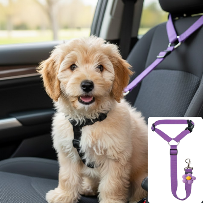브루져 차량용 강아지 안전벨트 급정거 보호 애견 목줄, 1개, 퍼플