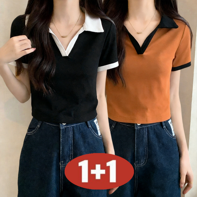 오스틱니 여성용 여름 [1+1] 특가상품 날씬해 보이는 베이직 데일리 편한 칼라넥 박스티 반팔 티셔츠