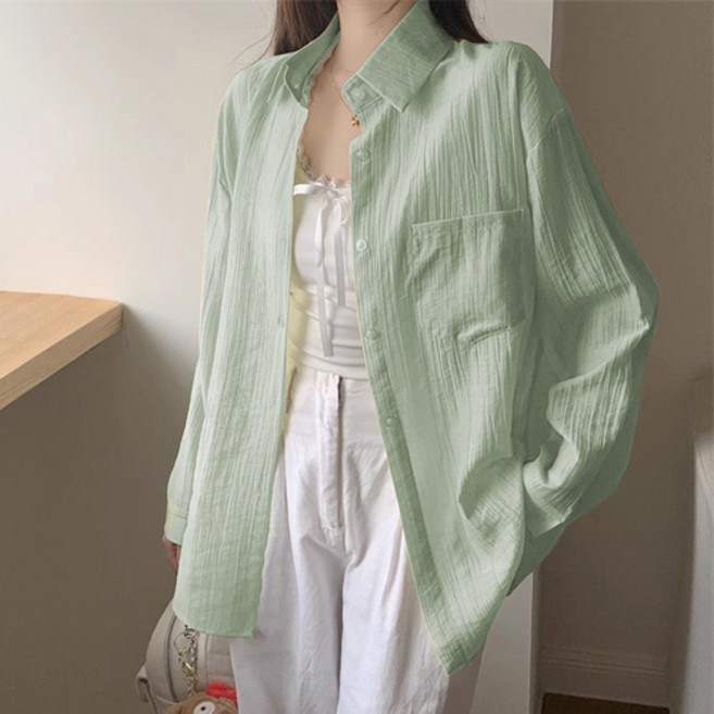 루엔나 여성 오버핏 시스루 셔츠 빅사이즈 긴팔 남방 상의