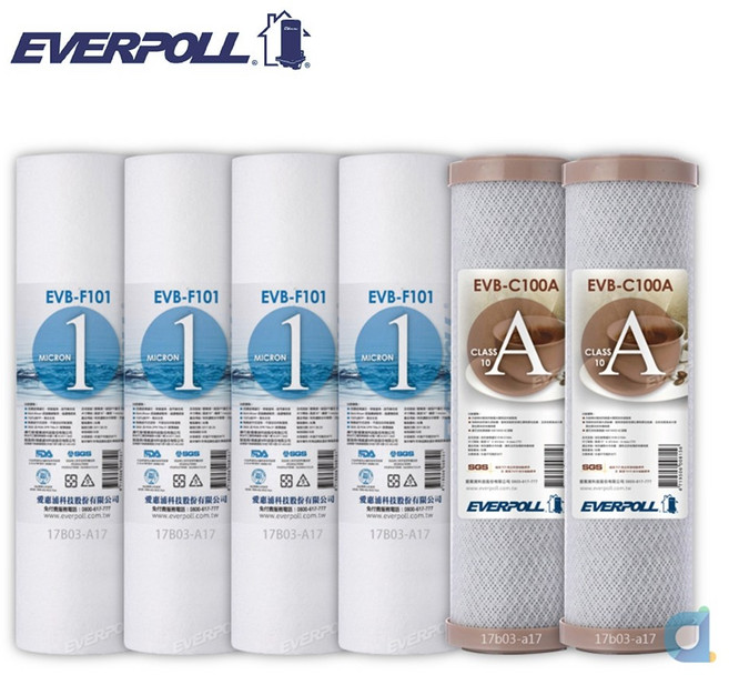 EVERPOLL EVB-F101 1微米PP濾心4支 EVB-C100A壓縮活性碳棒濾心2支 淨水濾芯, 1個