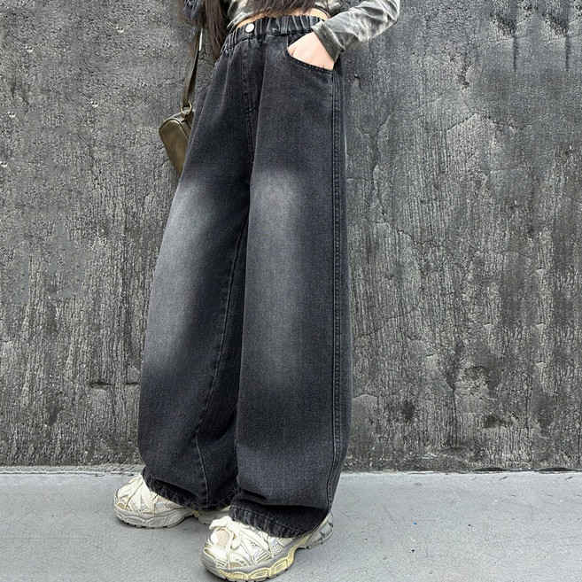 지디오 주니어 여아 워싱 와이드 데님 팬츠 밴딩 루즈핏 일자 청바지 초등 학생 하의 패션