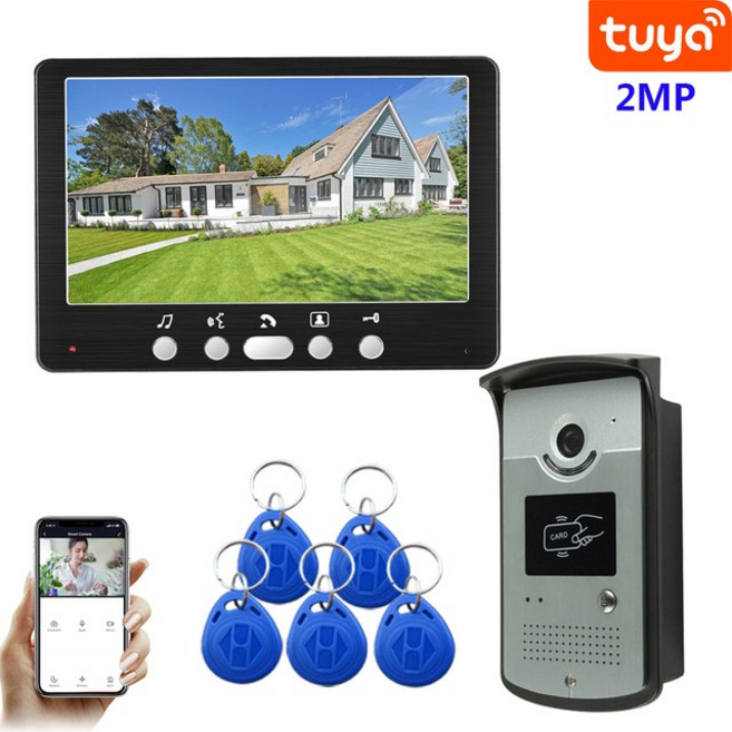 초인종 SYSD 와이파이 비디오 인터콤 아파트 와이어 카메라 암호 및 RFID 포함 투야 잠금 해제 1080P 7 인치, 1개