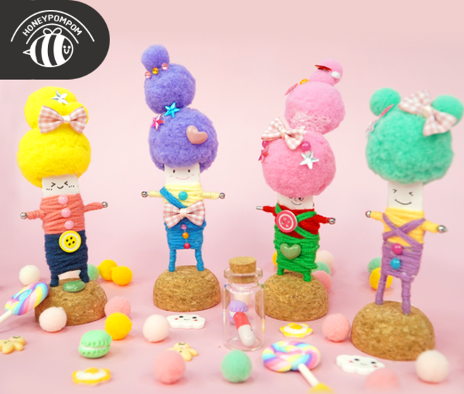 허니폼폼 걱정인형 친구들 DIY 4종, 1세트, 노란색머리,민트색머리,핑크색머리,보라색머리