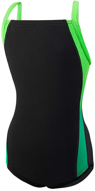 Speedo 여아용 수영복 원피스 Endurance+ 크로스 백 단색 청소년 팀 색상 461371, 24, 블랙/그린