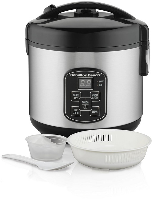 해밀턴 비치 디지털 프로그래머블 밥솥 및 음식 찜기 8컵 조리4컵 미조리 스팀 & 헹굼 바구니 스테인리스 스틸37518 포함, Stainless Steel, 20 Cups Cooked (10