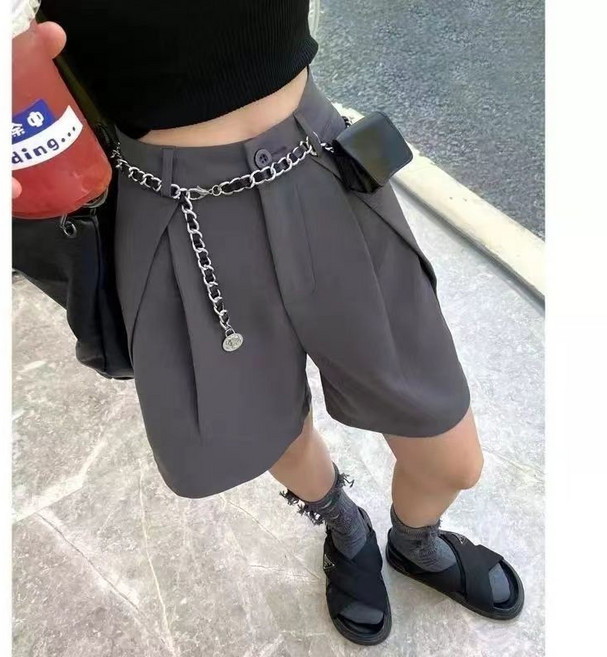 西裝褲 休閒褲 垂感 涼感褲 韓版垂墜百搭職業西褲夏季灰色西裝短褲女高腰寬鬆顯瘦a字休閒中褲黑色直筒五分褲