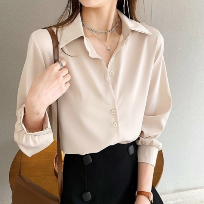 MHJINA 노마진 여성 구김없는 쉬폰 블라우스 심플 기본 베이직 카라 투버튼 셔츠 빅사이즈