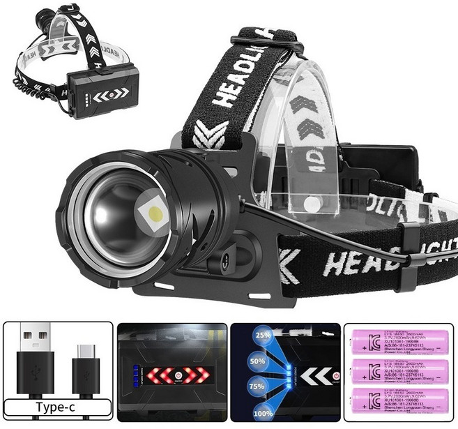 laderive충전식 LED 헤드랜턴 1200루멘 신축성 줌 낚시 해루질 작업용+2600mAh 18650배터리*3+USB 케이블, 1개