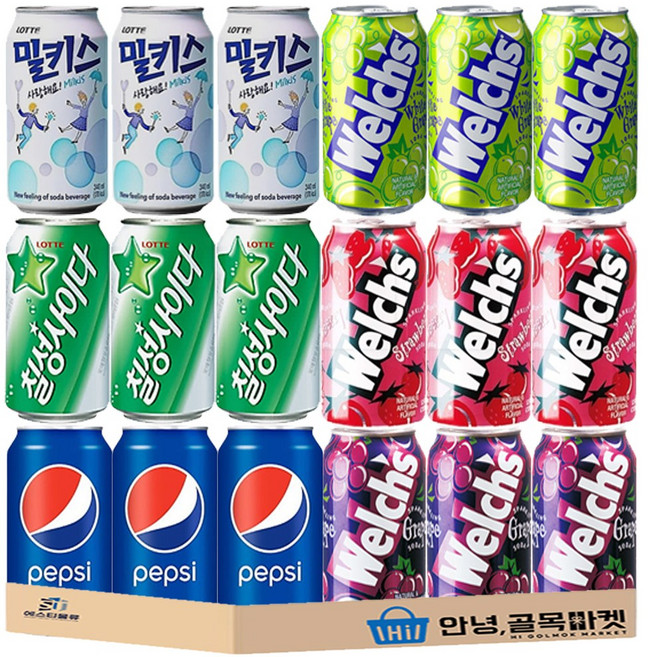 웰치스 그레이프맛 + 웰치스 화이트그레이프맛 + 웰치스 스트로베리맛 + 펩시콜라 + 칠성사이다 + 밀키스, 18개, 355ml