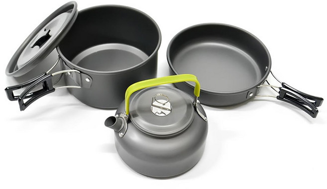 캠핑 코펠세트 3종 경질 코팅 그릇 냄비 주전자 백패킹 올인원 1-2인용, 1세트, 혼합