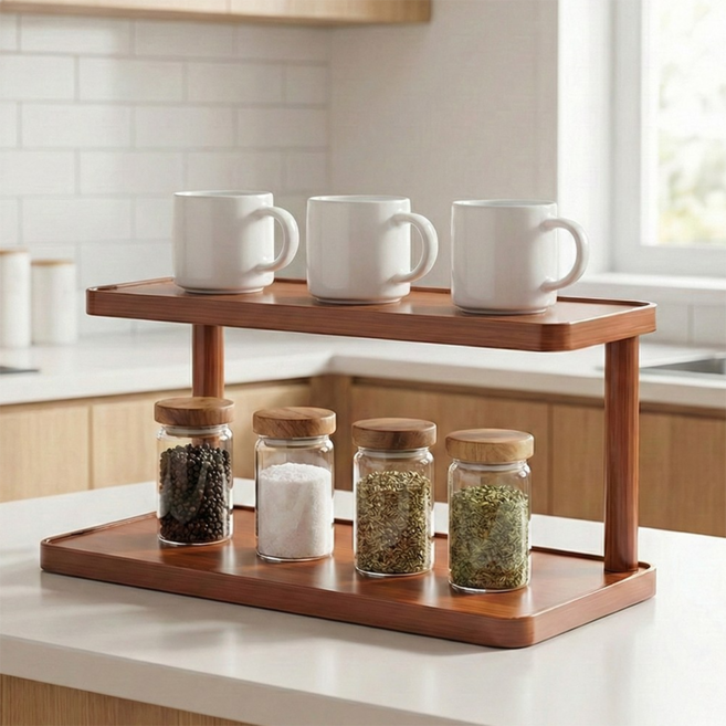 바오르 홈카페 인테리어 커피잔 수납정리 우드 선반, 2단, 원목색 30cm