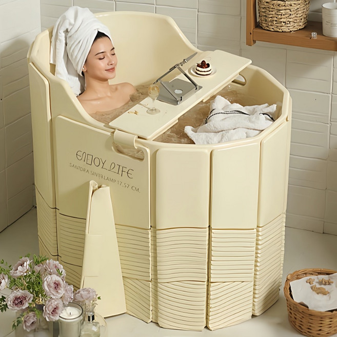 ClosArt 접이식 욕조 반신욕 가정용 목욕통 성인용 이동식 깊은 타원형 욕조, 1개, 베이지