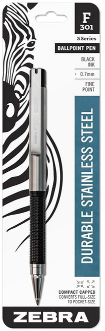 ZEBRA 펜 F-301 컴팩트 리트랙터블 볼펜 스테인리스 스틸 배럴 파인 포인트 0.7MM 블랙 잉크 2팩, Black, 1