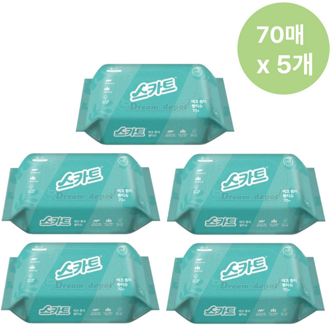 스카트 친환경 생분해 에코 종이 물티슈, 70매, 5개