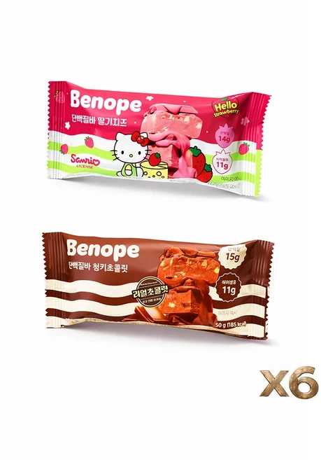 베노프 단백질바 딸기치즈 + 청키초콜릿 혼합구성, 6개, 50g - 쿠팡
