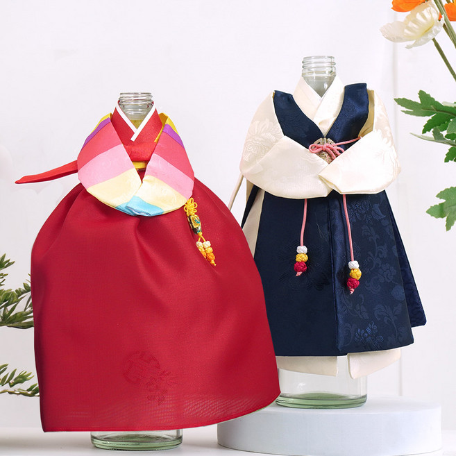 인테리어 오브제 와인커버 남녀 한복 미니어처 1+1, 도령+색동, 도령(군청)+색동(빨강)