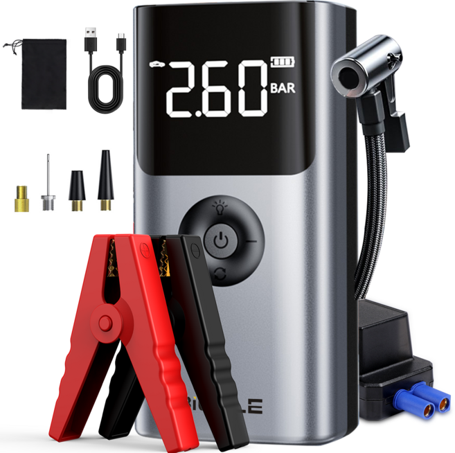 차량용 점프스타터 에어펌프 대용량 휴대용 보조배터리 12V 차량 사용가능 LED 조명 긴급 점프스타터 4IN1, 14800mAh, 1개