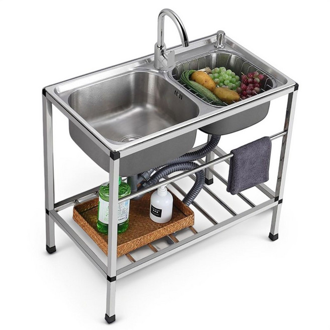 [국내 배송] 주방 다용도 싱크대 간이 싱크대 업소용 싱크대 304 스텐 개수대+냉온수 수전 세트 75*40*75CM, 1박스, 은.