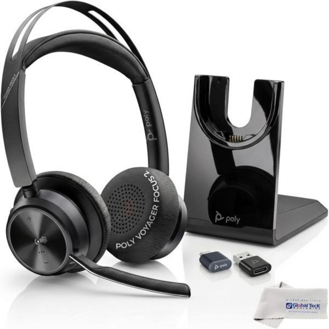 Plantronics Poly Voyager Focus 2 UC 무선 헤드폰 헤드셋 스탠드 팀 전화 통화 줌 노이즈 캔슬링 헤드셋 업무용 마이크 오버 이어 GTW, Focus 2-MS, Stand-USB A, 1개
