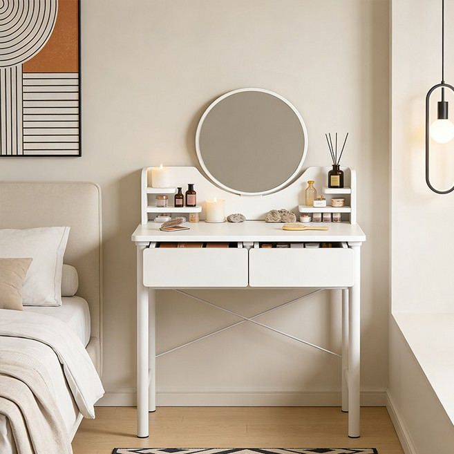 확장형 다용도 침실 화장대 수납 화장거울 일체형 입식 서랍형 화장 테이블, 흰색